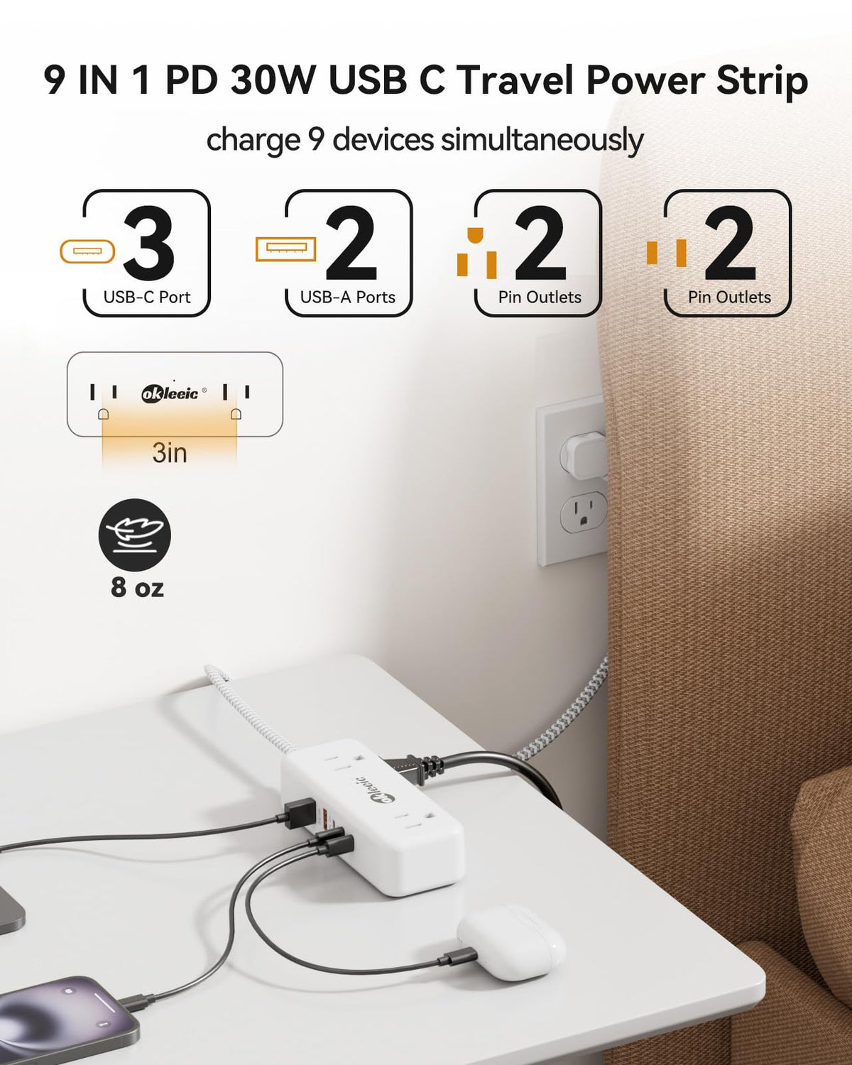okleeic top view of four AC outlets for multiple plug devices