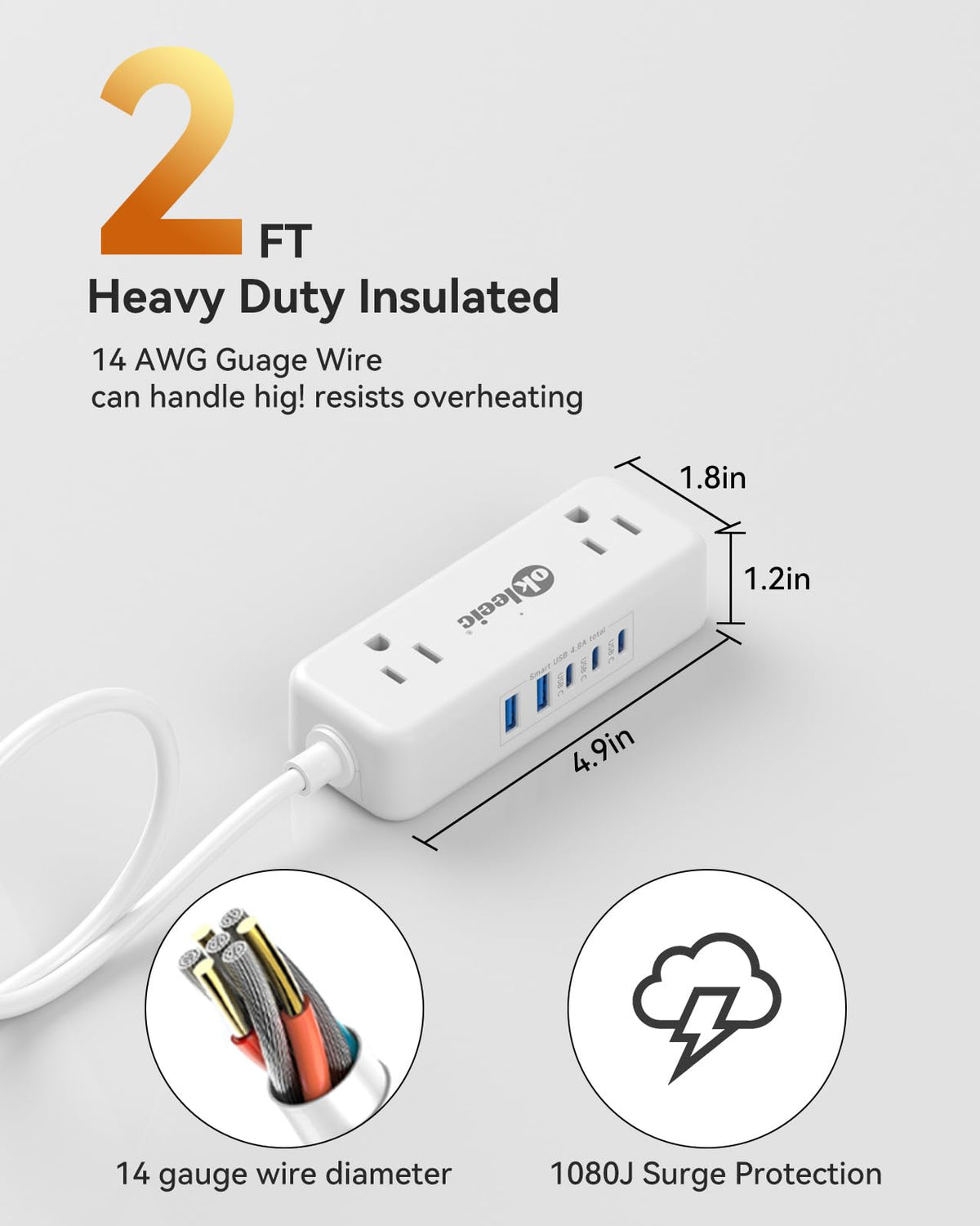 Okleeic surge protector with four outlets powering multiple devices