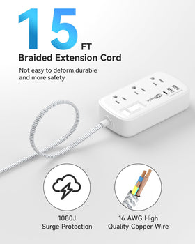 okleeic braided 15 ft cord stretched out to show durable length and flexible reach