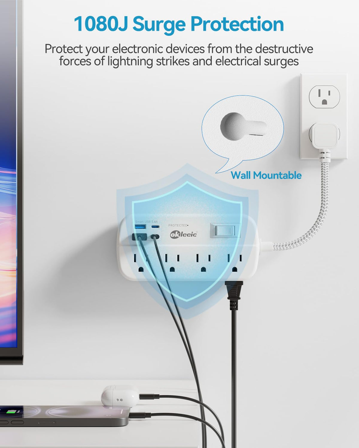 Okleeic compact power strip for organized desk setups.