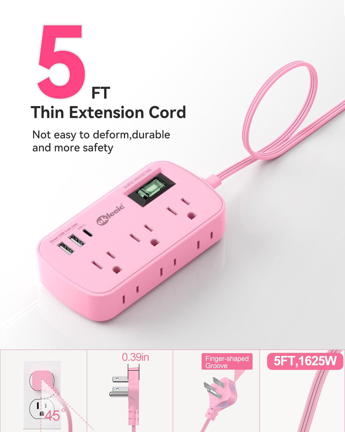 okleeic 5ft cord length beside ruler to show scale and travel-friendly reach