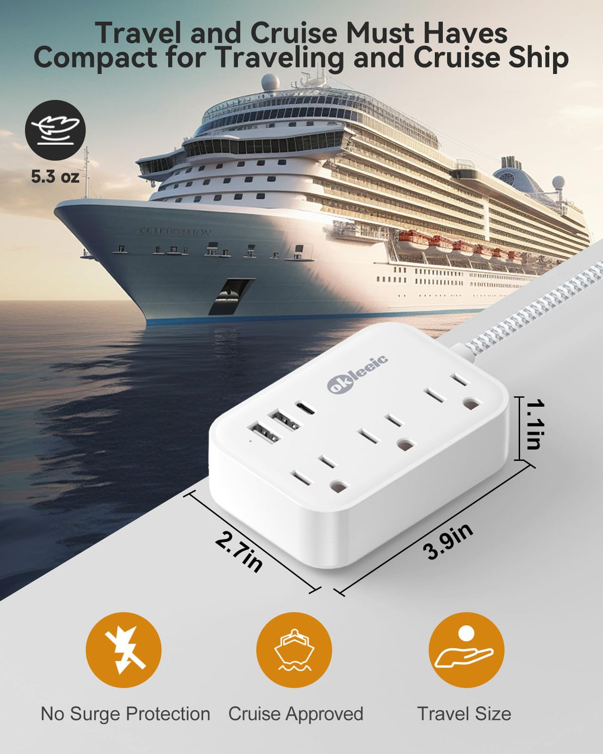 Okleeic cruise-approved no surge power strip for travel