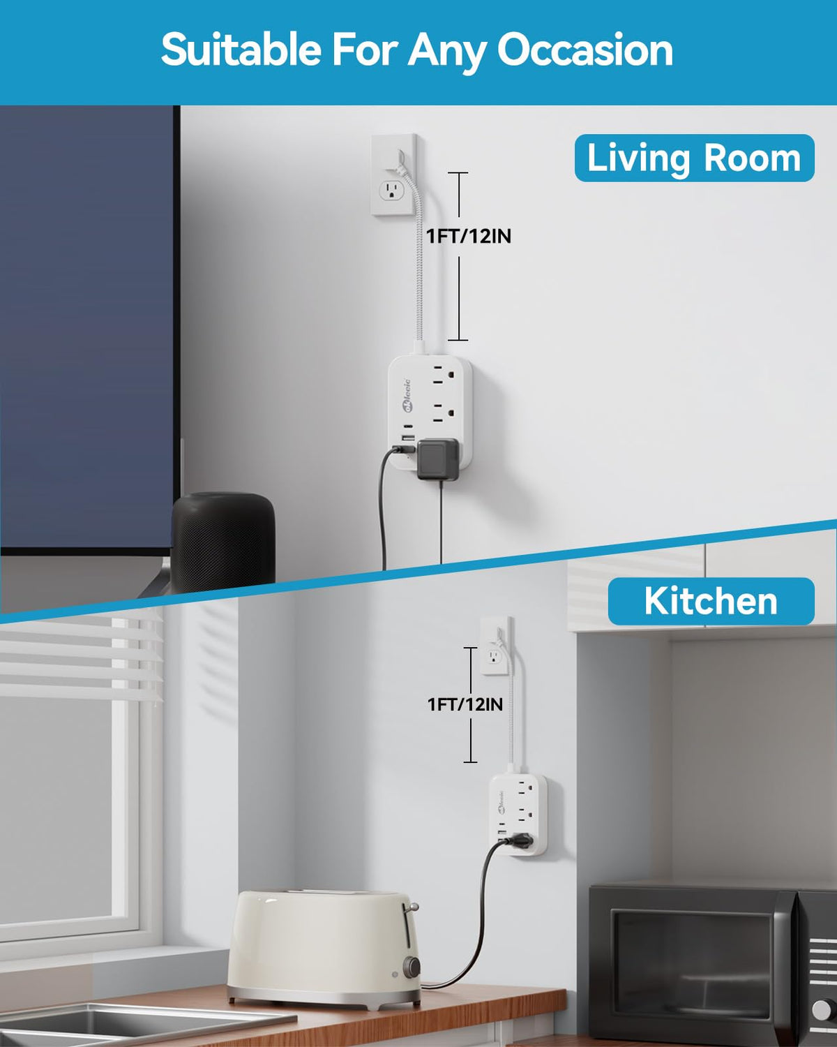 Okleeic flat plug design fits behind furniture for space saving