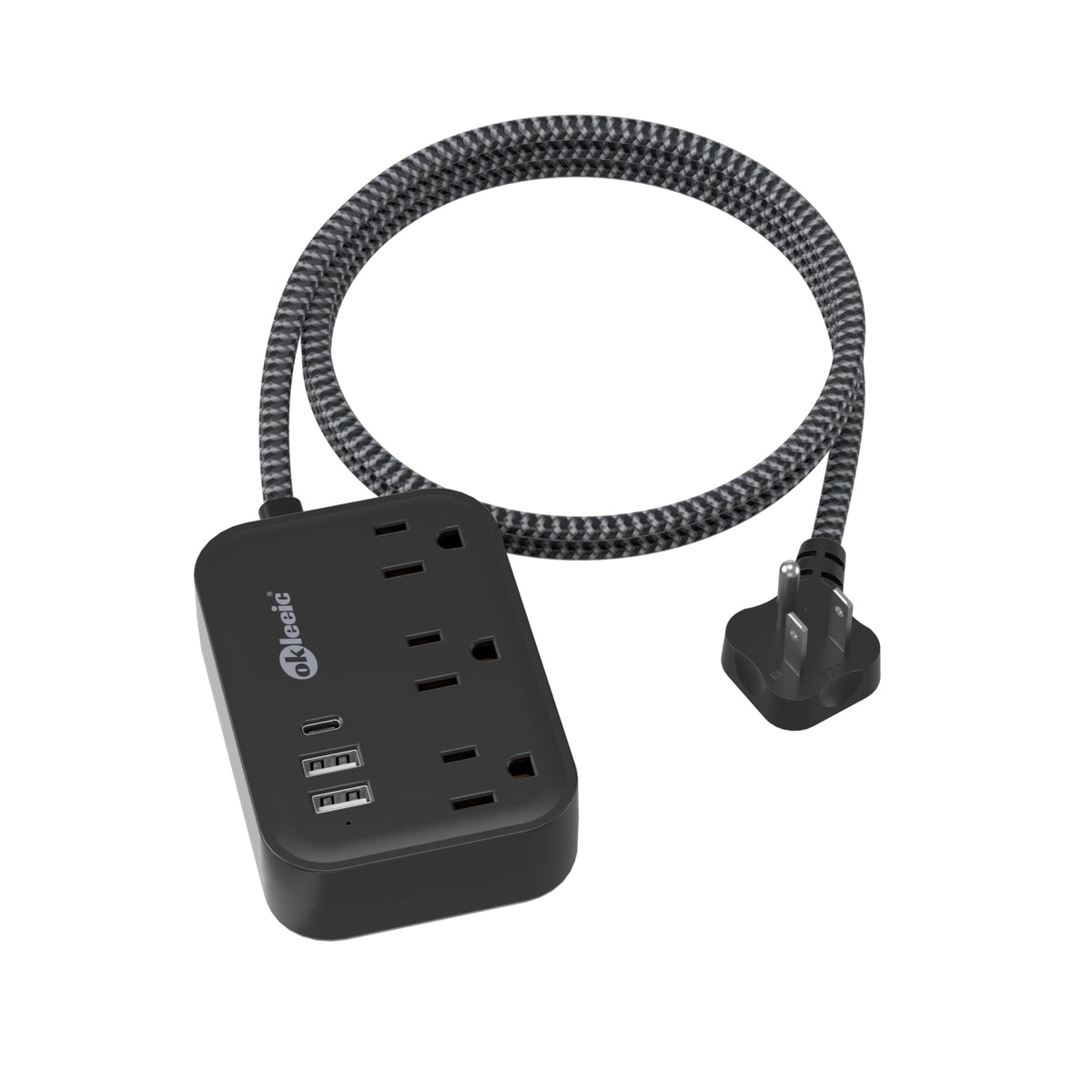 okleeic flat plug power strip front view showing compact design for desk and nightstand use