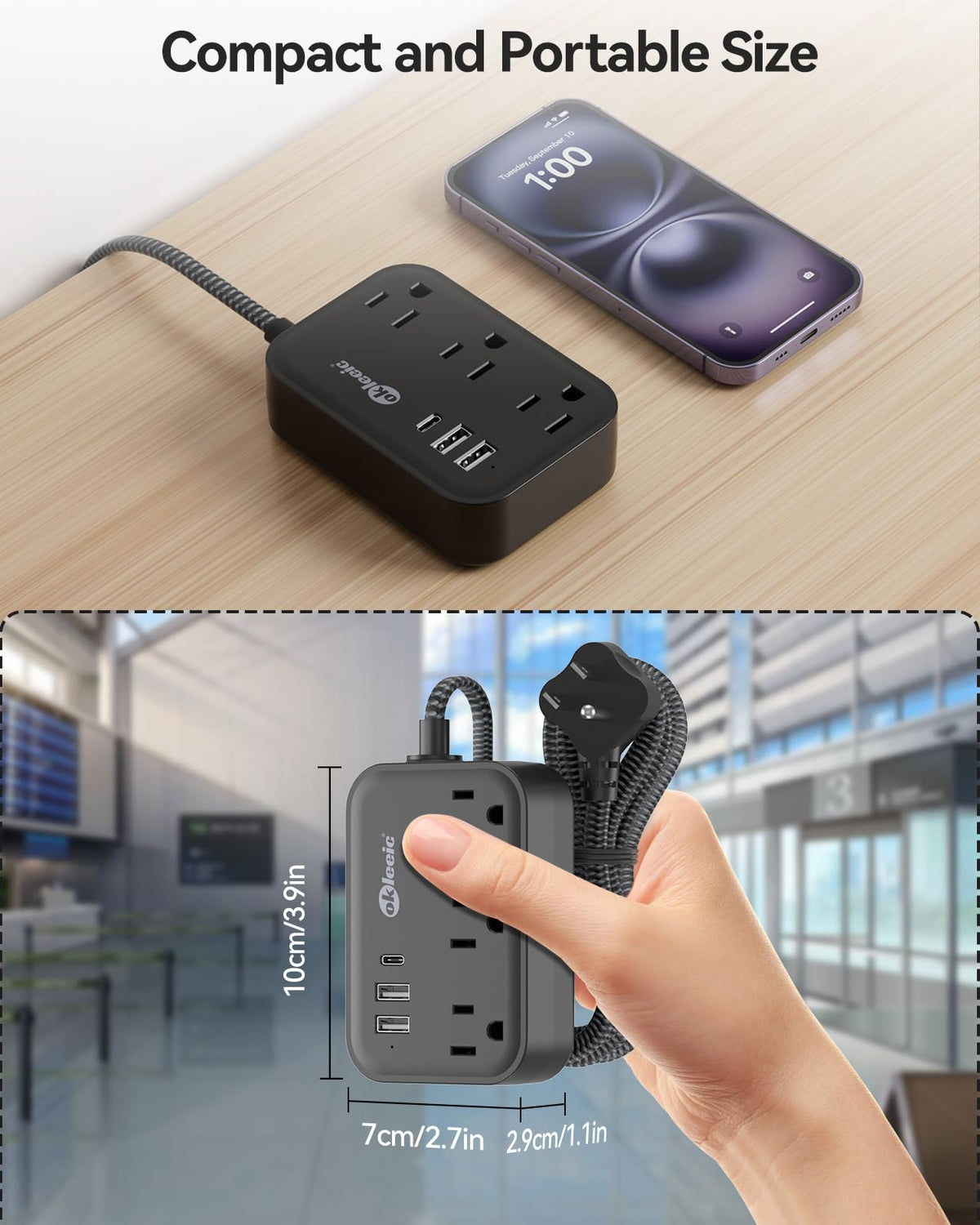 okleeic flat plug power strip with no surge protection for cruise and dorm use