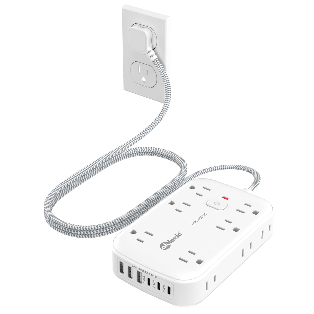 okleeic front-angle view showing all outlets and USB ports, organized charging benefit