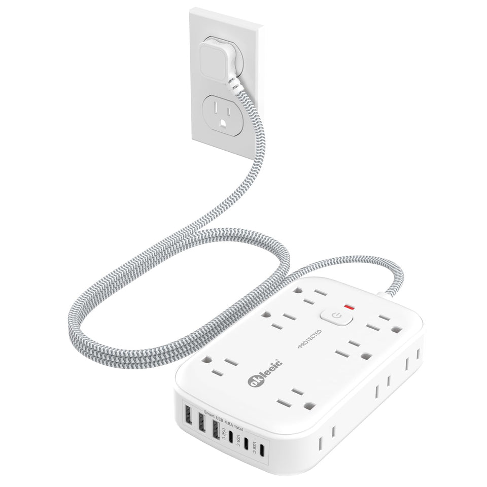 okleeic front-angle view showing all outlets and USB ports, organized charging benefit