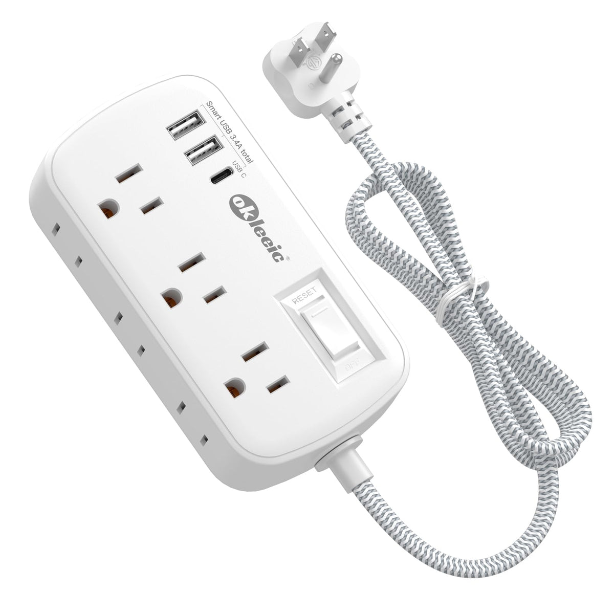 okleeic front view showing six outlets and three USB ports for organized charging