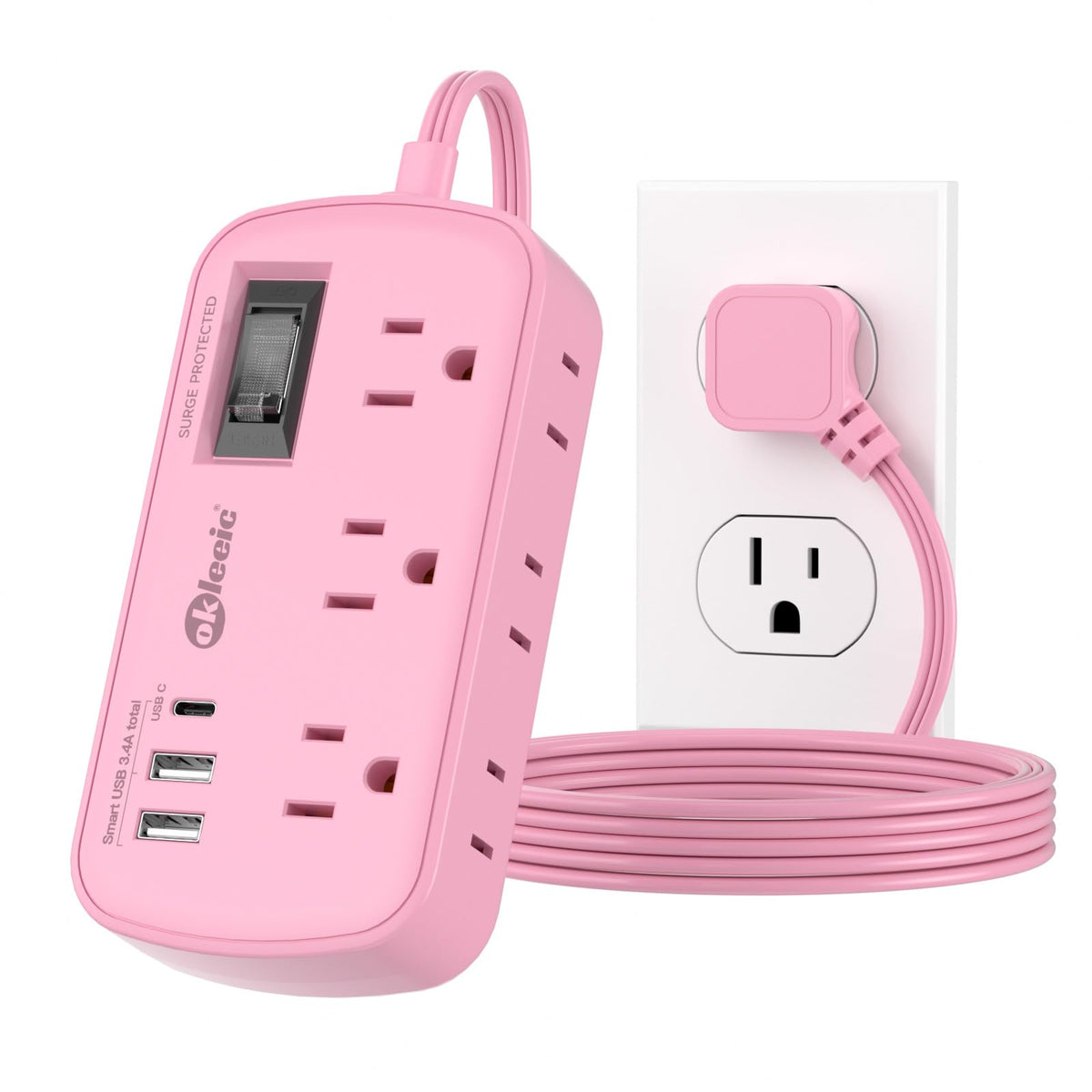 okleeic pink power strip front view showing six outlets and three USB ports for versatile charging