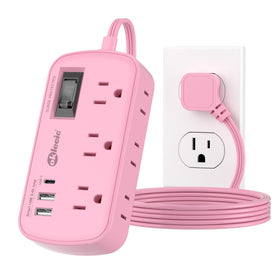 okleeic pink power strip front view showing six outlets and three USB ports for versatile charging