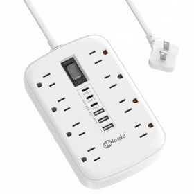 okleeic front view showing 8 AC outlets and 6 USB ports for versatile charging
