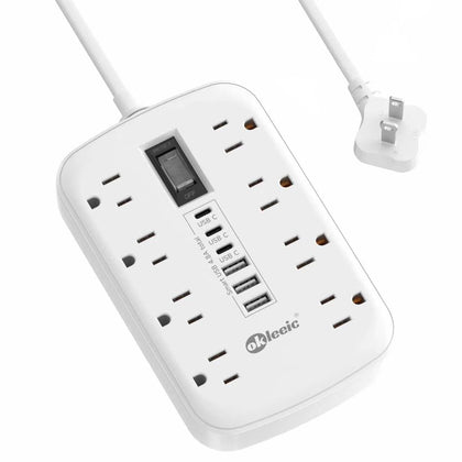 okleeic front view showing 8 AC outlets and 6 USB ports for versatile charging