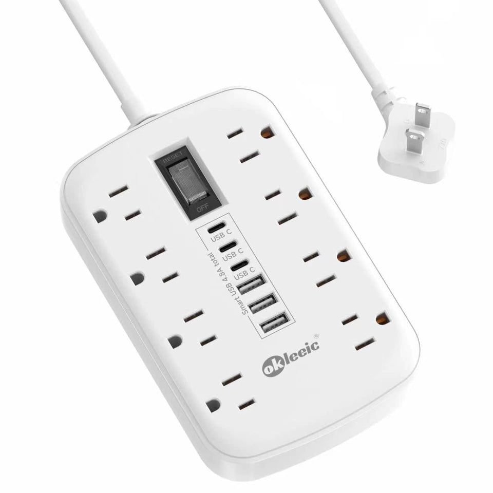 okleeic front view showing 8 AC outlets and 6 USB ports for versatile charging