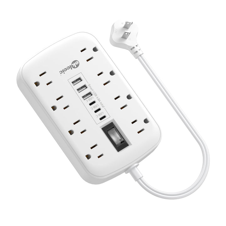 okleeic front view of power strip showing outlets and USB ports for organized charging