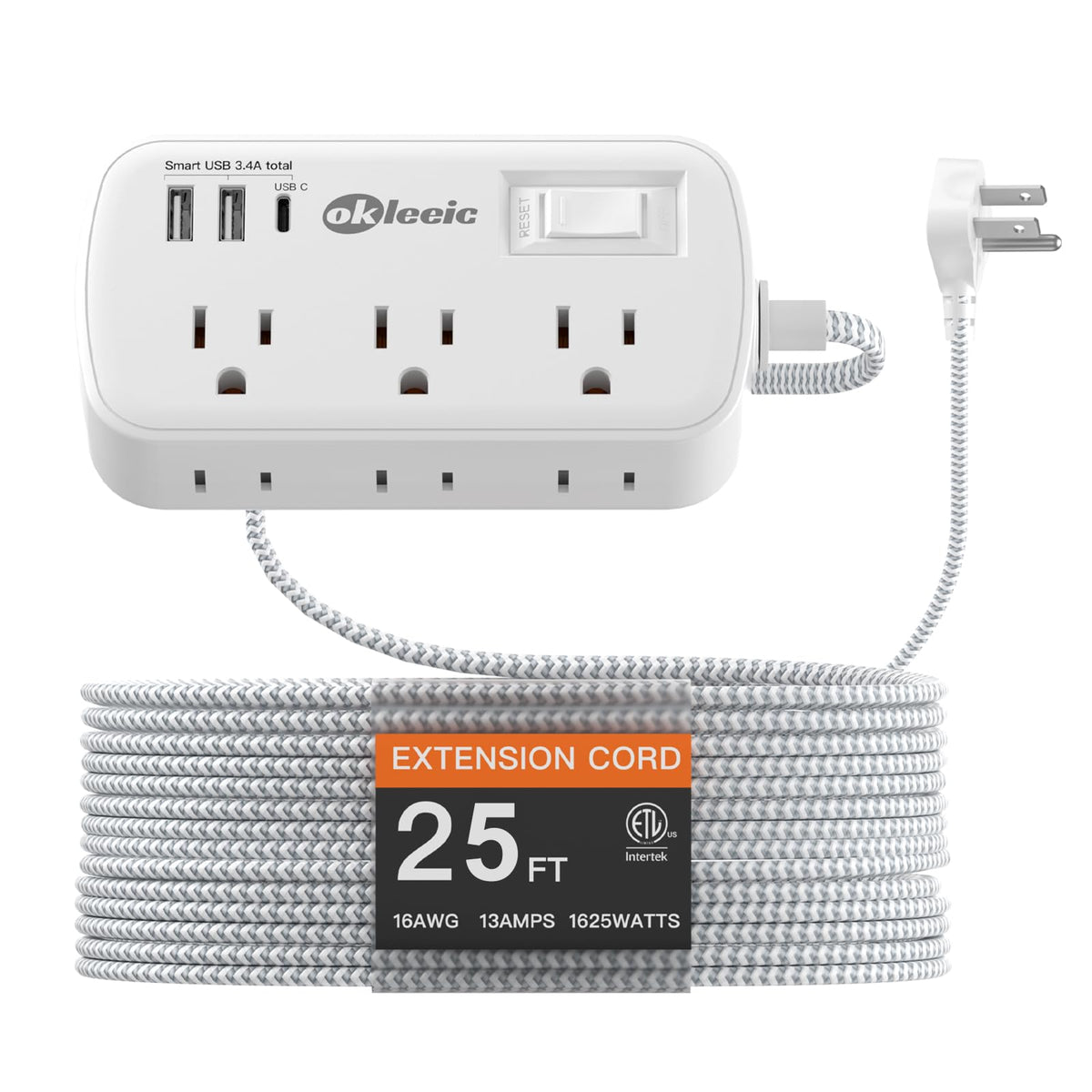 okleeic front view showing six outlets and three USB ports for versatile charging