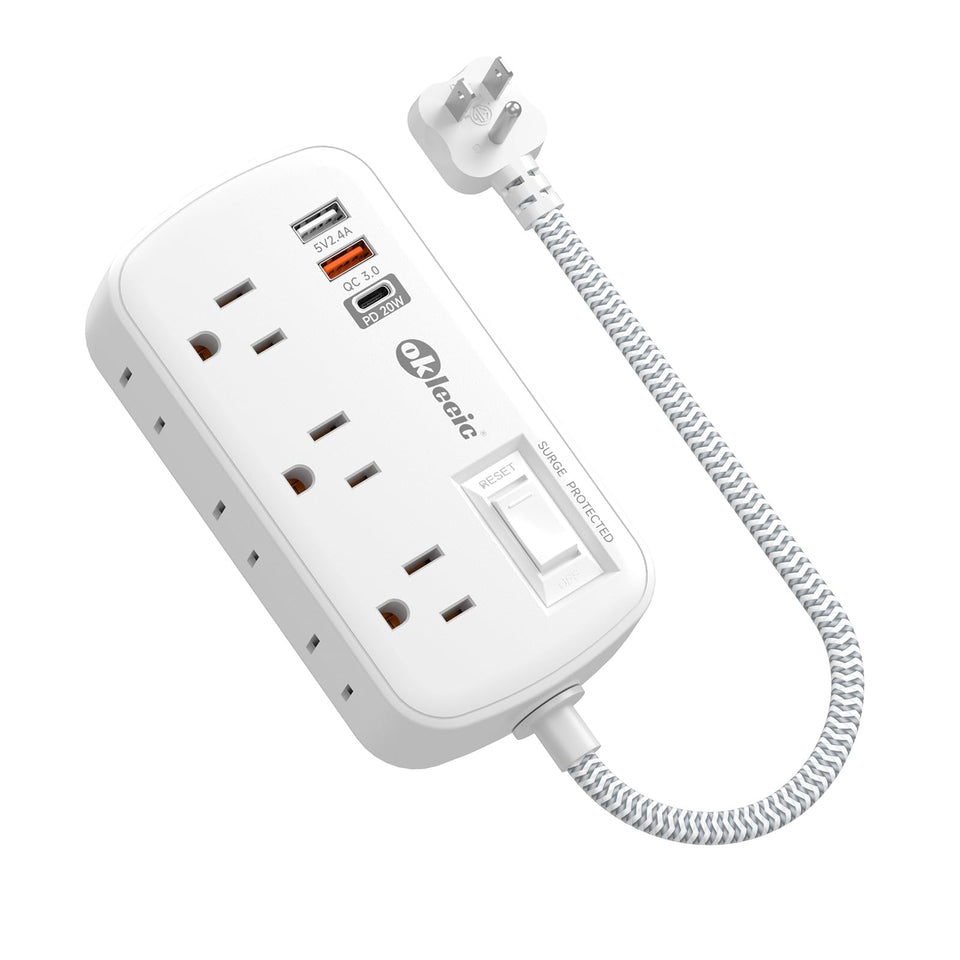okleeic power strip front view showing outlets and USB ports for versatile charging