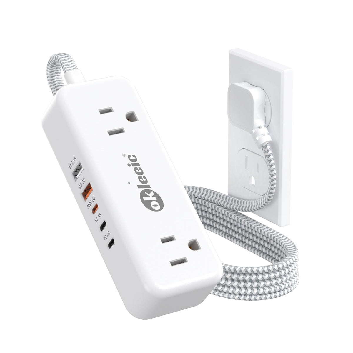 okleeic front view showing ports and outlets, compact travel convenience