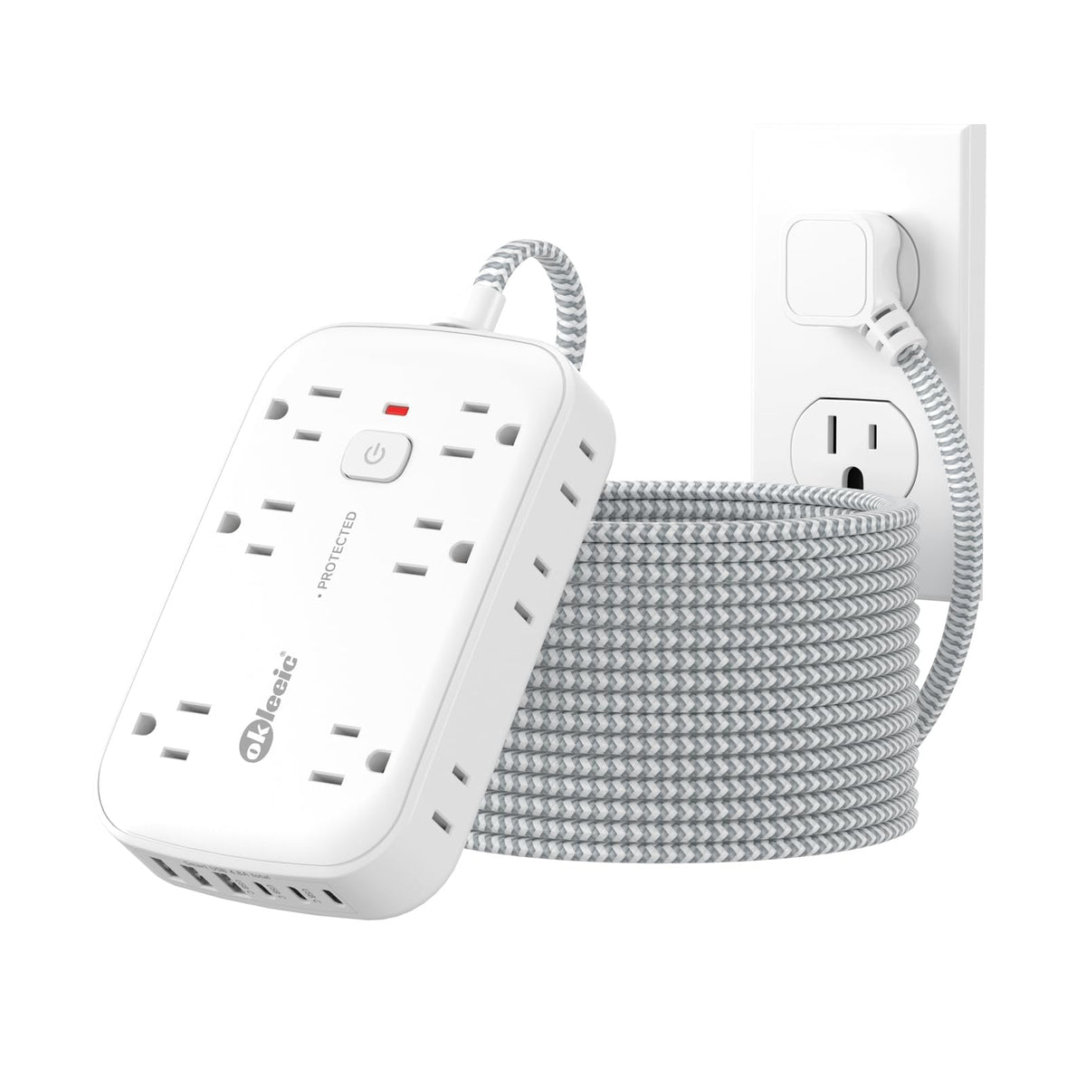 okleeic front view showing 12 outlets and USB ports for organized power