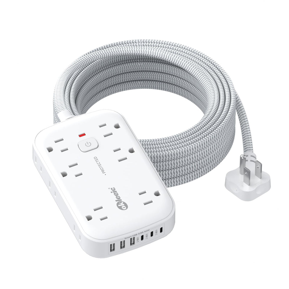 okleeic front view showing 12 outlets and 6 USB ports for versatile charging