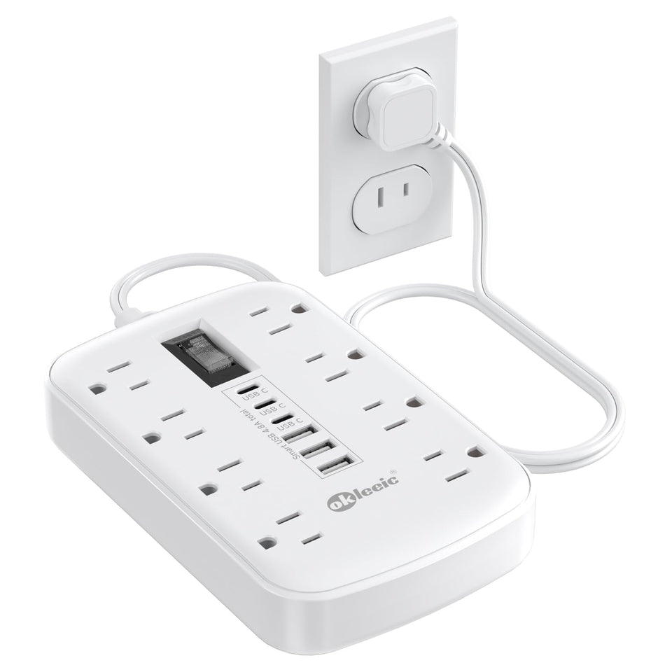 okleeic front view showing 8 outlets and 6 USB ports for expanded charging
