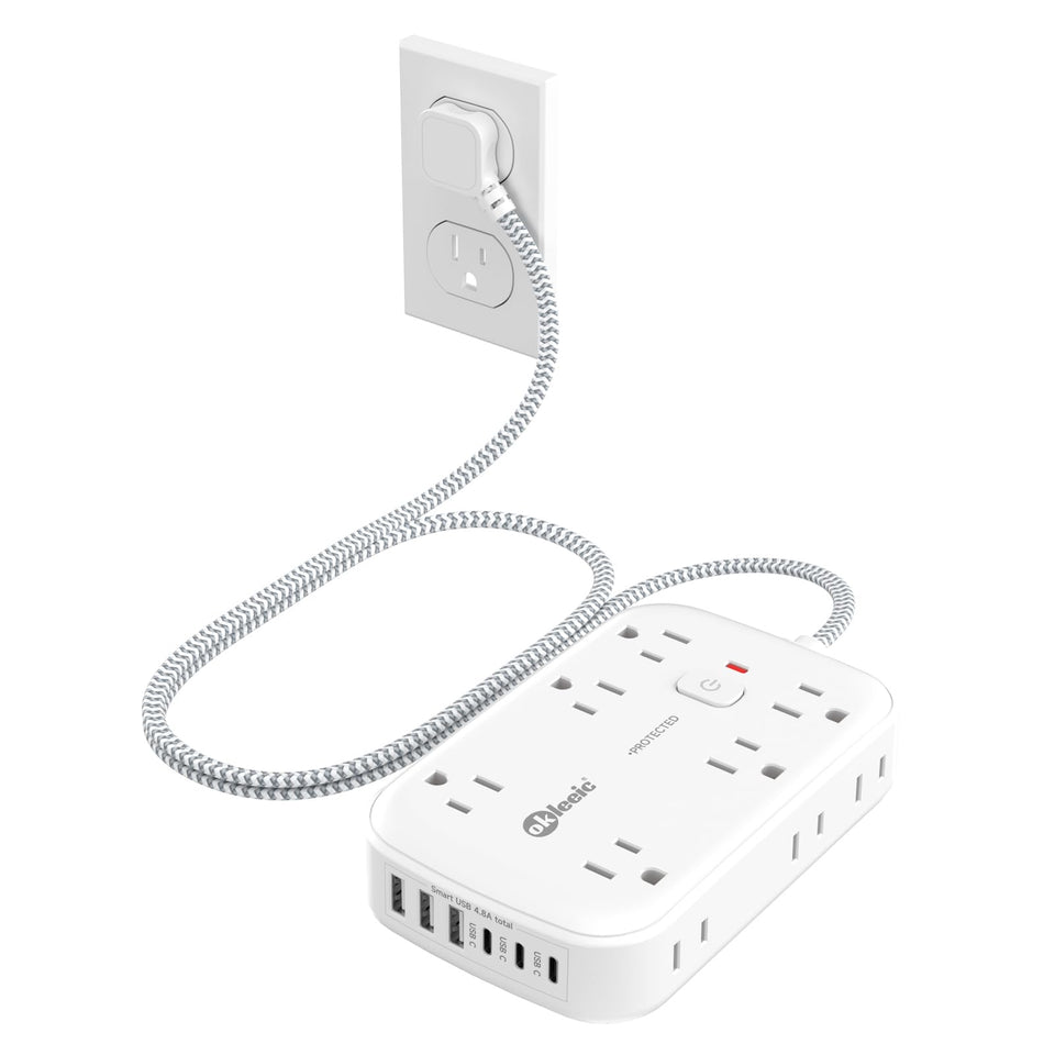 okleeic front view showing 12 outlets and USB ports for convenient charging