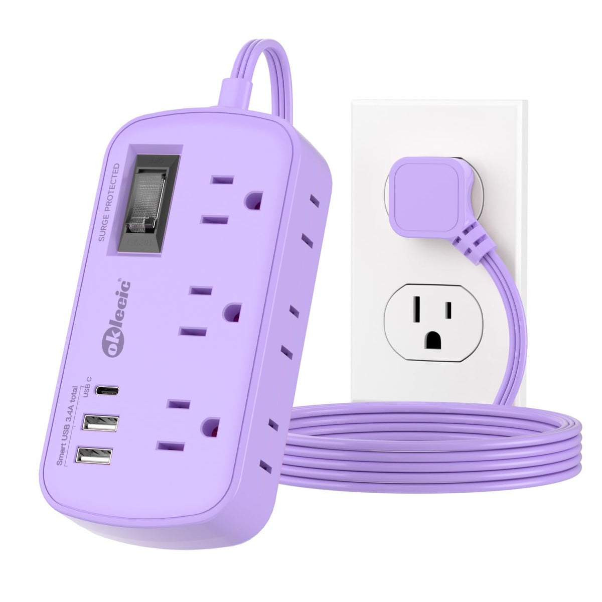okleeic front view showing purple power strip and neat outlet layout for organized charging