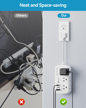 okleeic power strip in use on a desk charging phone, tablet and lamp for neat setup