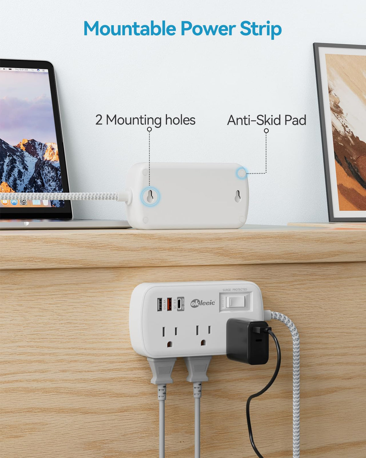 okleeic product label showing safety and surge protection specifications for peace of mind
