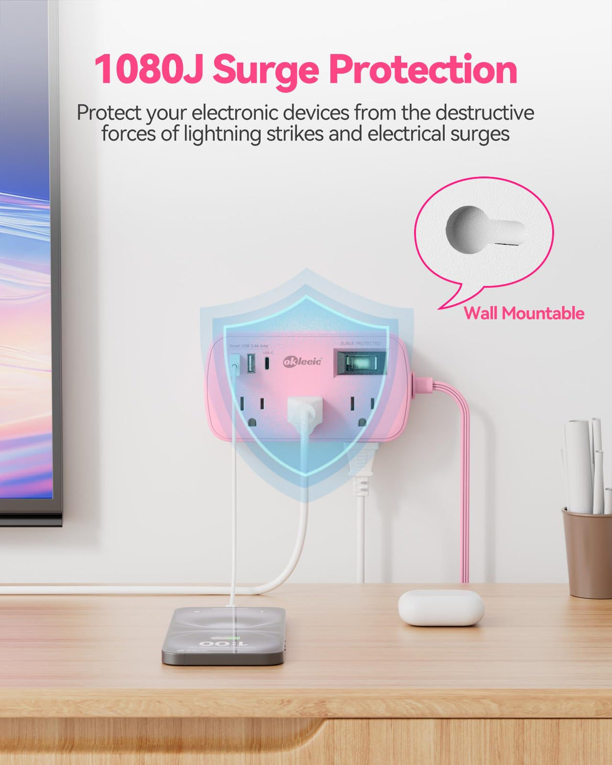okleeic on a dorm desk powering laptop, lamp and phone illustrating compact convenience