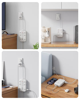 okleeic in a dorm room charging phones, lamps, and a laptop neatly