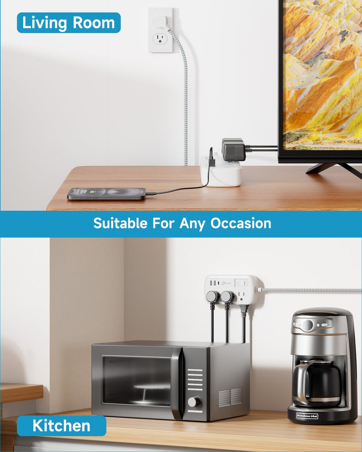 okleeic power strip mounted under desk to keep cables tidy and outlets accessible