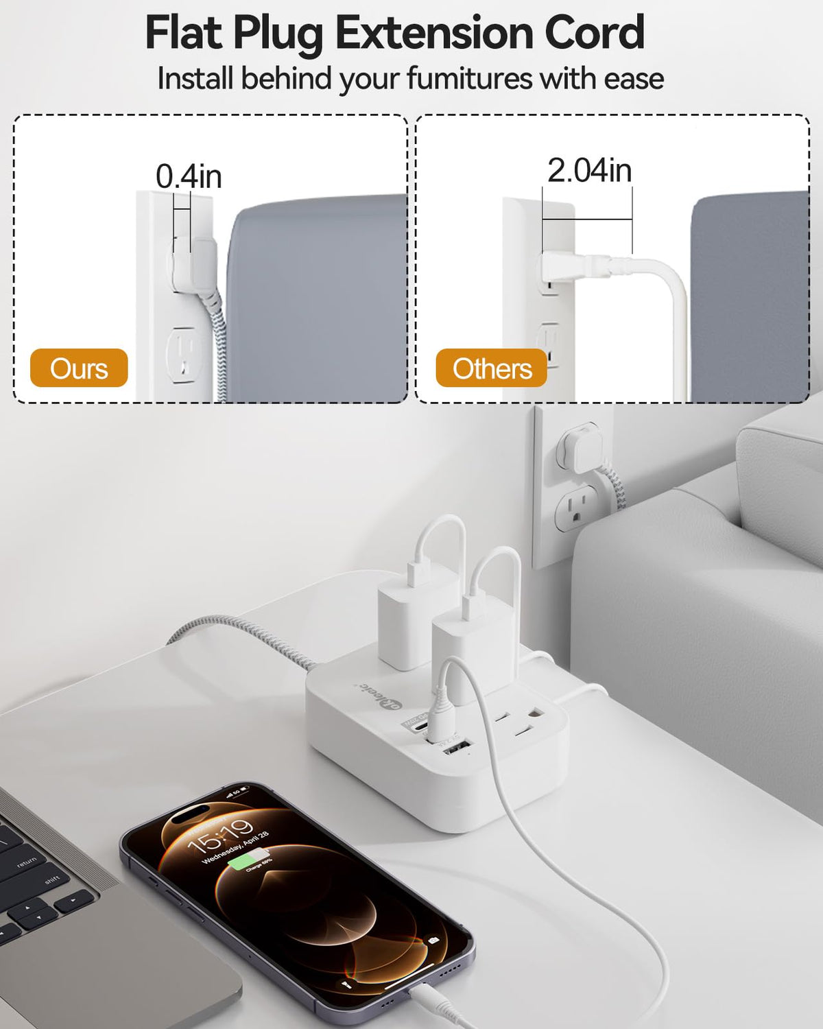 Okleeic PD20W travel strip plugged near a TV cabinet to charge multiple devices simultaneously.