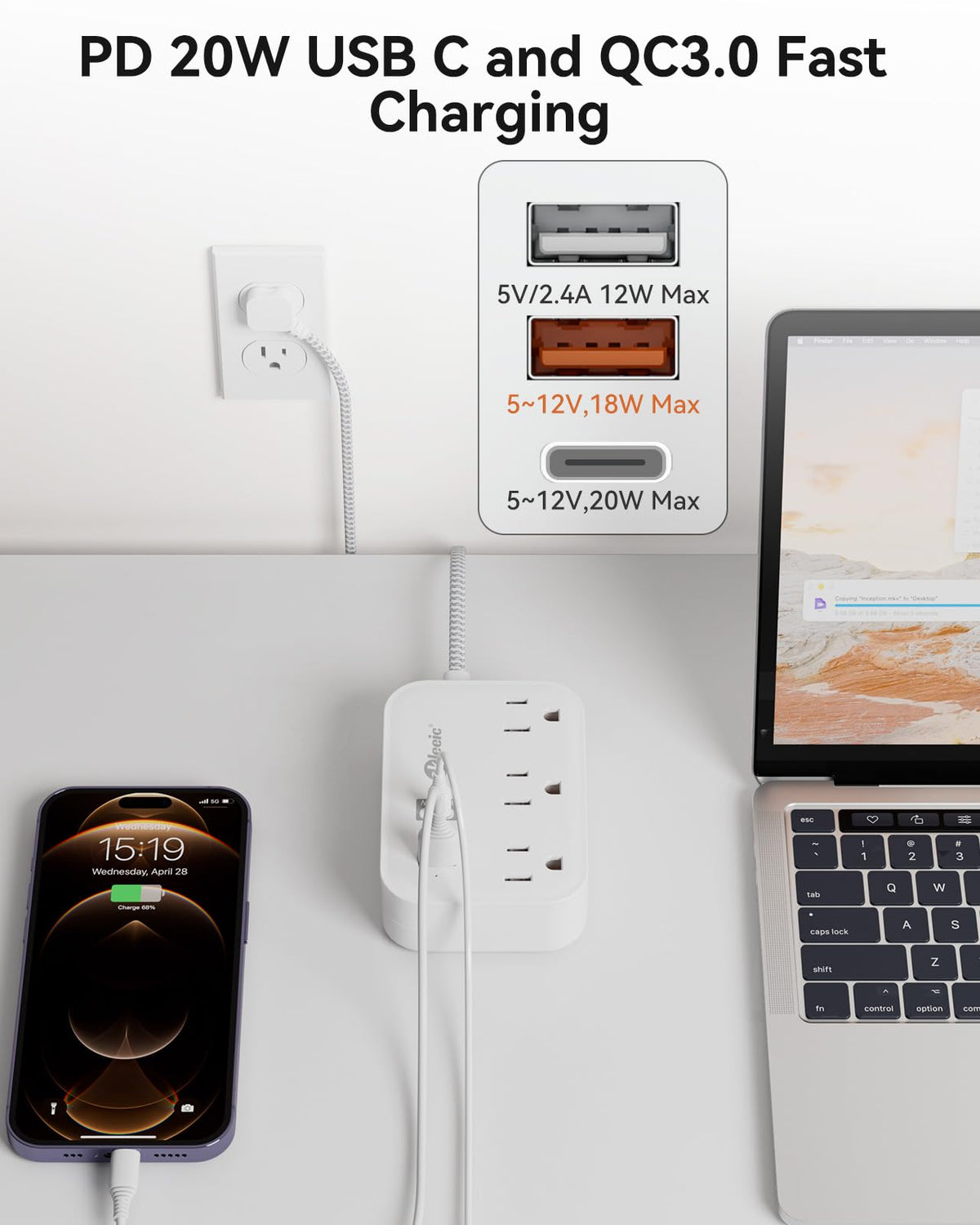 Okleeic PD20W compact power strip on a desk saves space and reduces clutter.