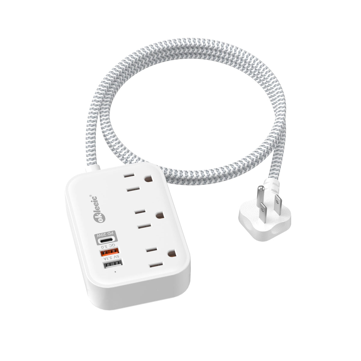 Okleeic PD20W USB-C travel power strip front view powering devices with fast charging.