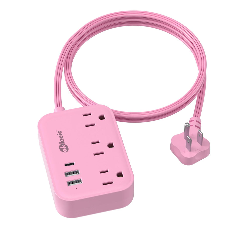 Okleeic Pink Power Strip front view showing 3 outlets and USB ports for desk charging