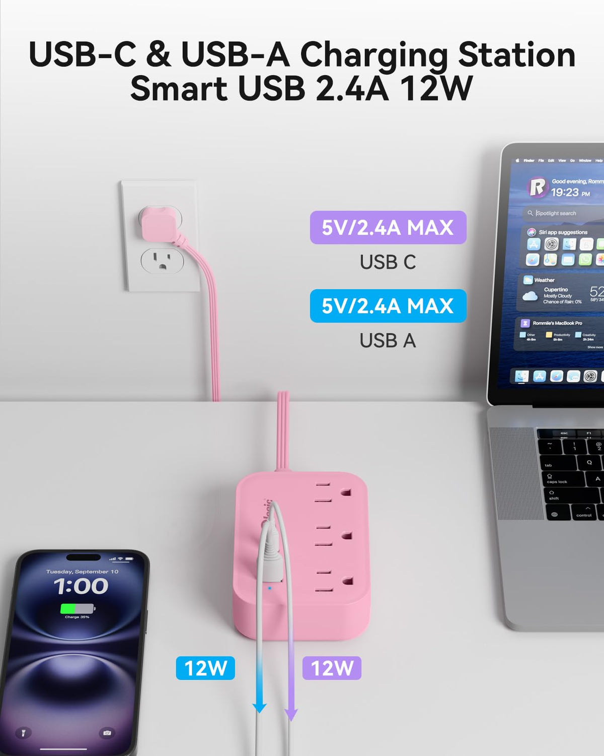 Okleeic Pink Power Strip in dorm room setup for tidy charging