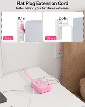 Okleeic Pink Power Strip flat plug design saves space near walls