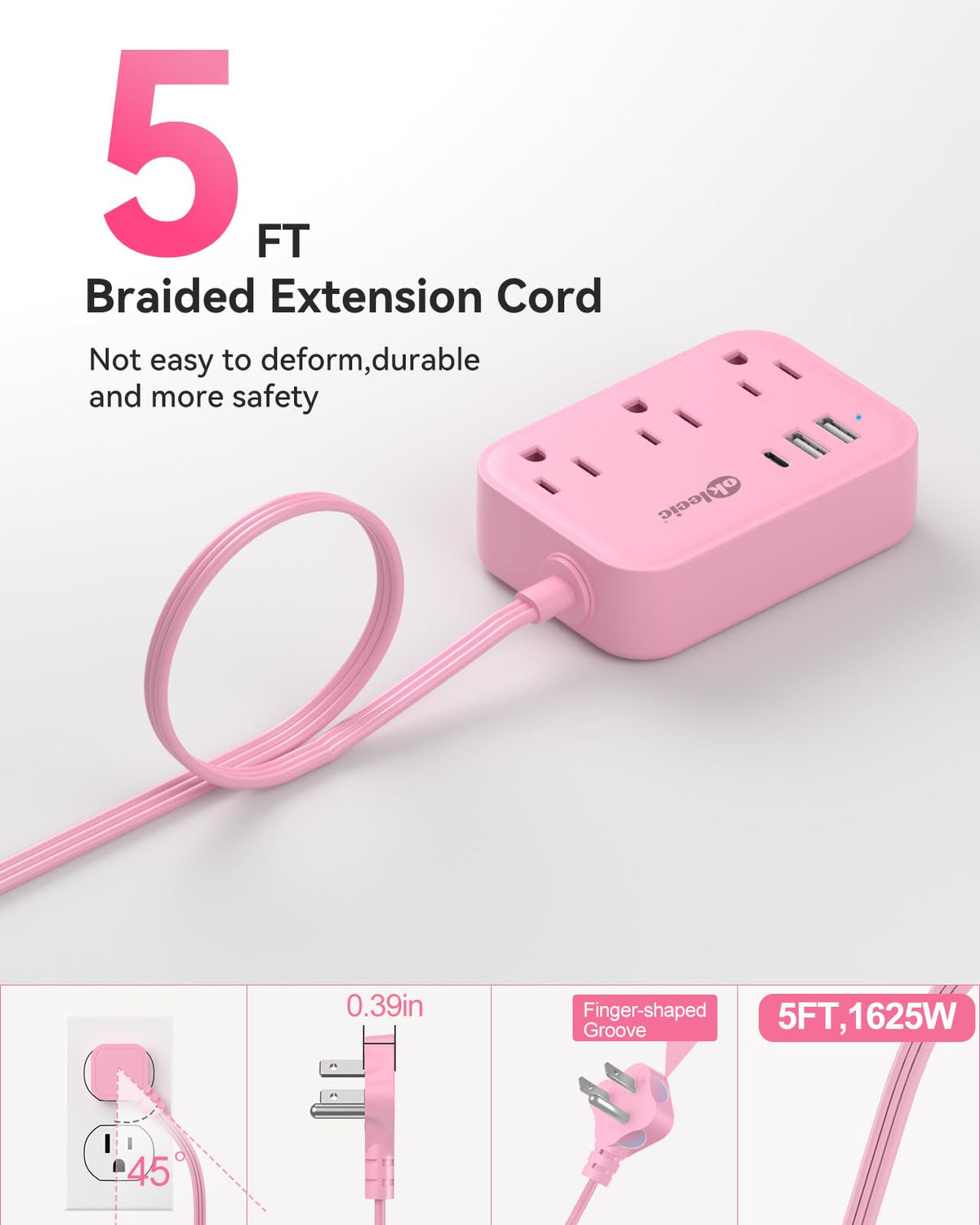Okleeic Pink Power Strip travel-ready for cruises and luggage