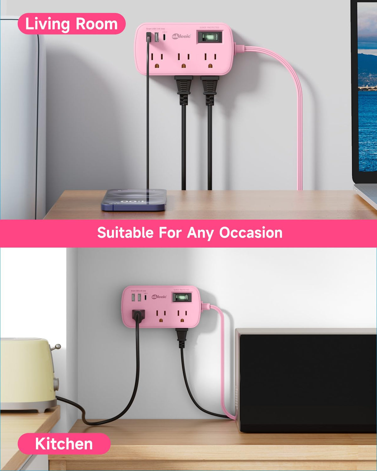 okleeic close detail of USB‑C, USB‑A ports and illuminated switch for convenient control