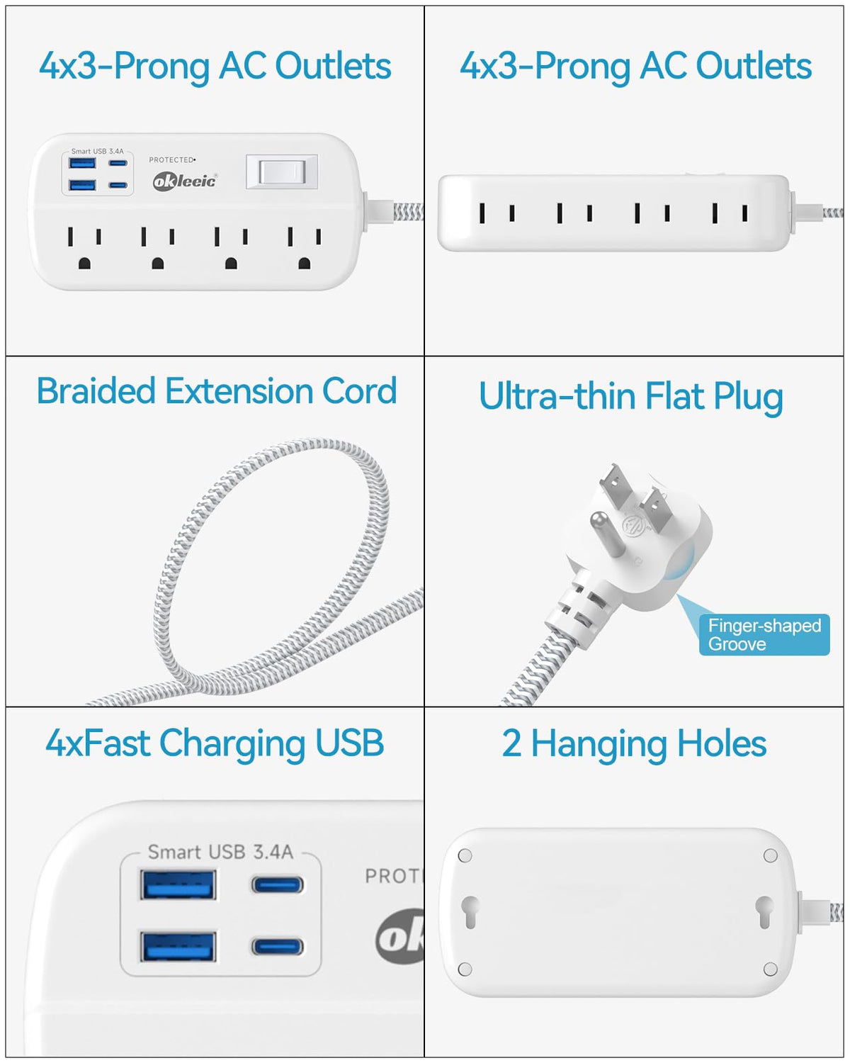 Okleeic flat-cord power strip with 16 AWG braided copper cord for durability.