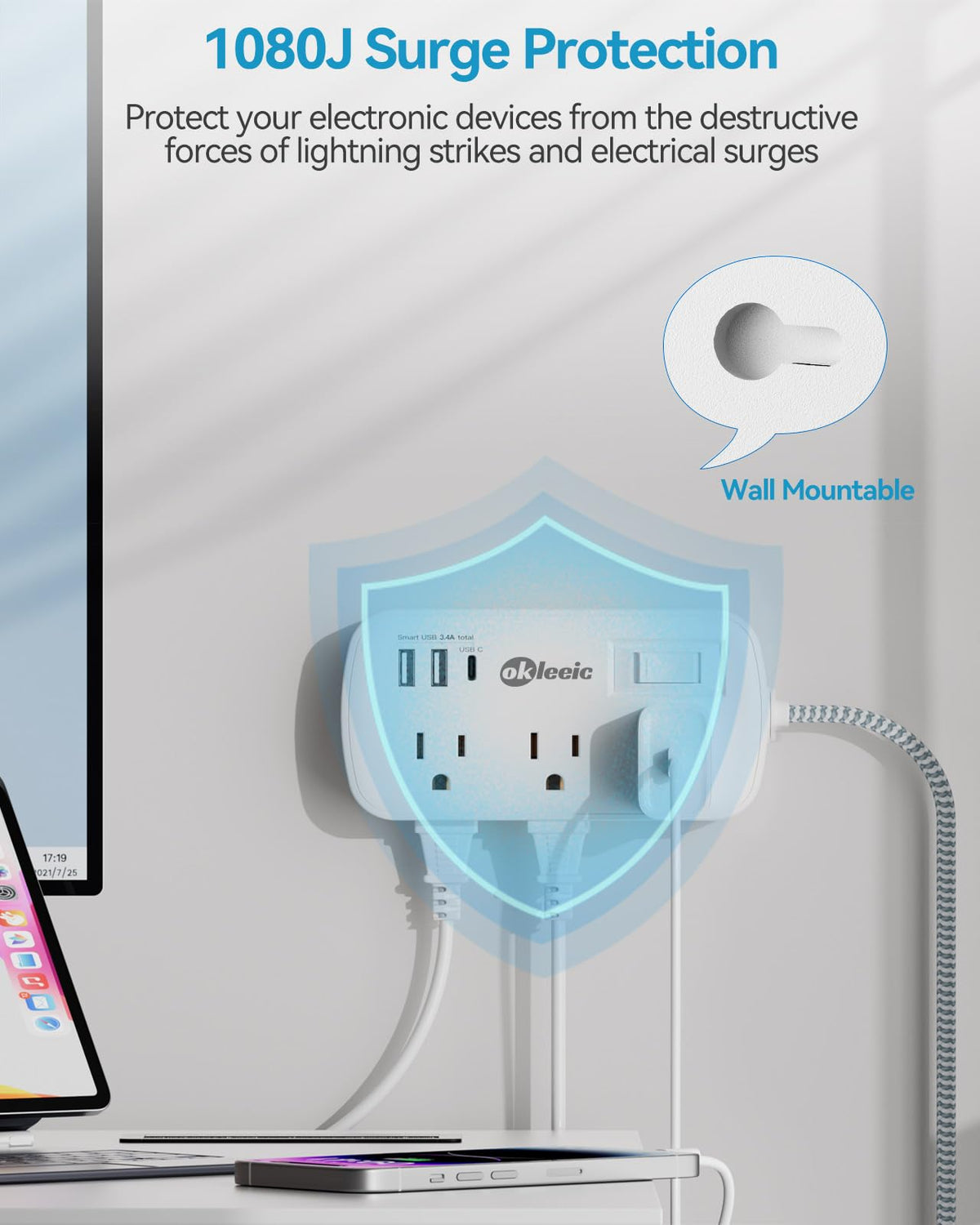 okleeic power strip on desk powering laptop, lamp, and phone efficiently