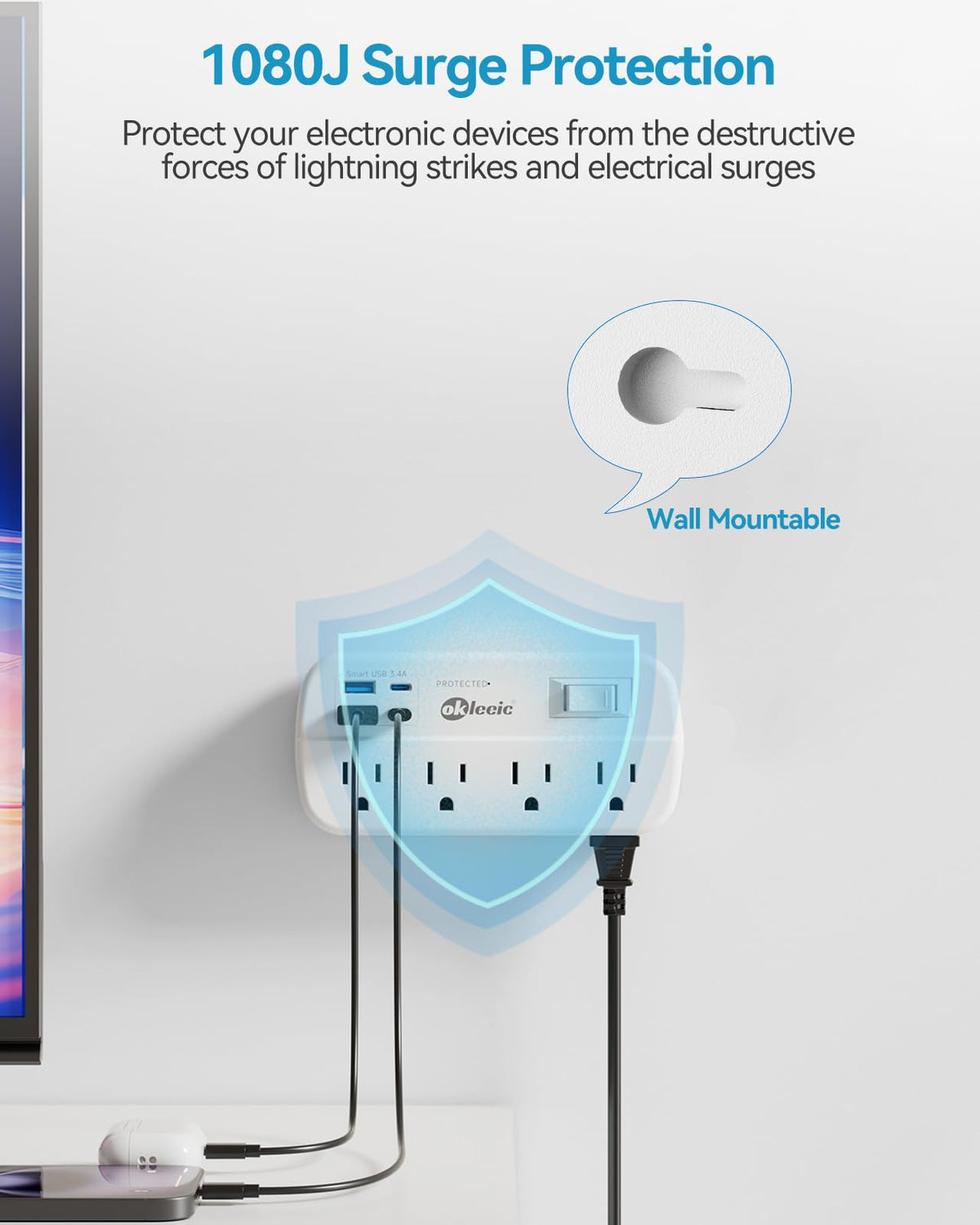 Okleeic power strip with built-in switch and overload protection for reliability.