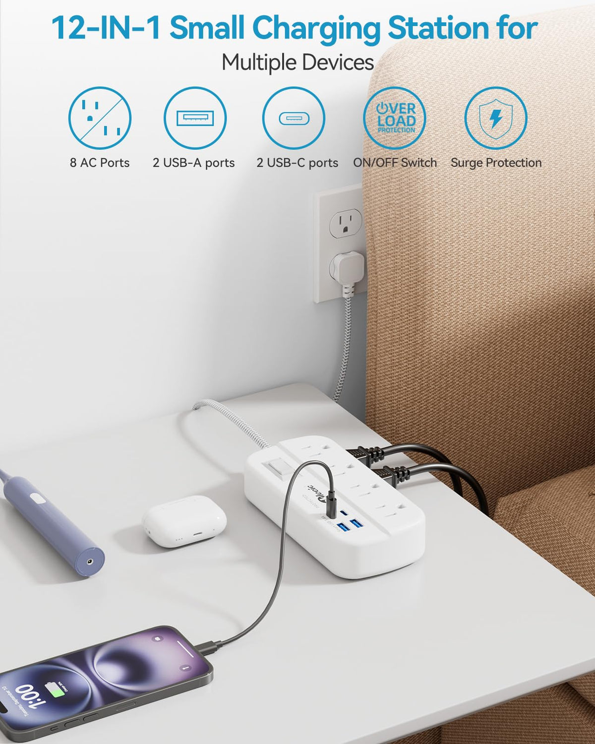 Okleeic compact power strip features two-side design to reduce outlet interference.