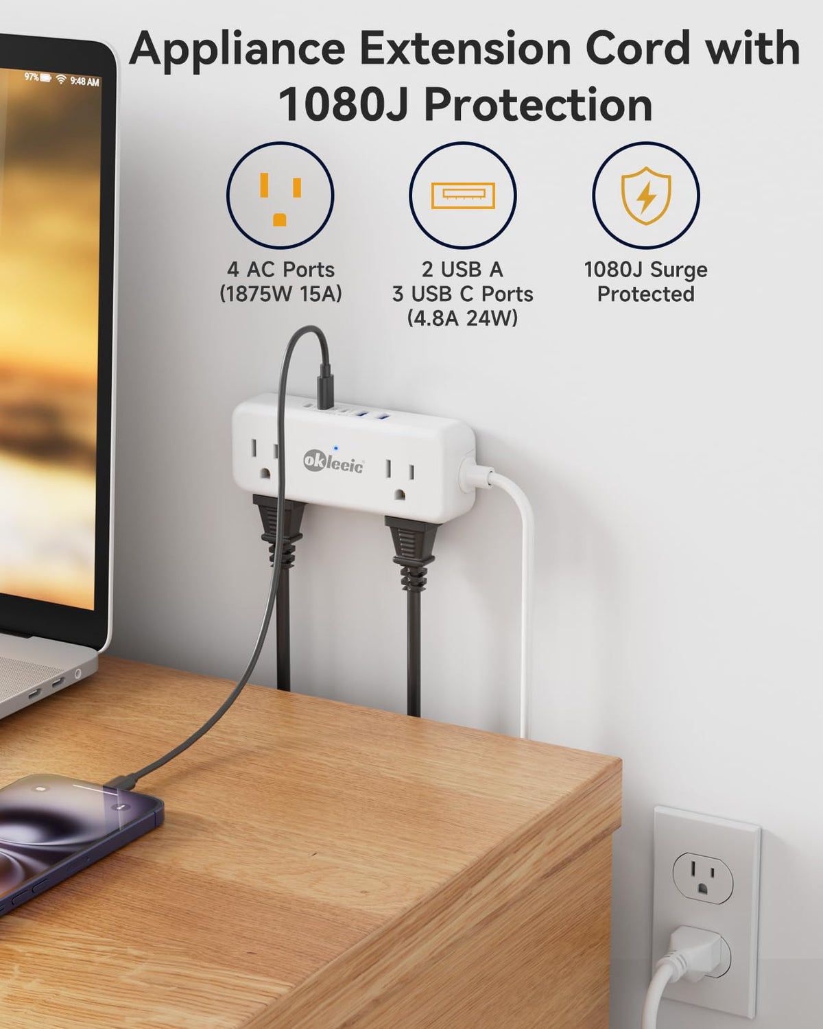 Okleeic power strip with five USB ports for fast charging