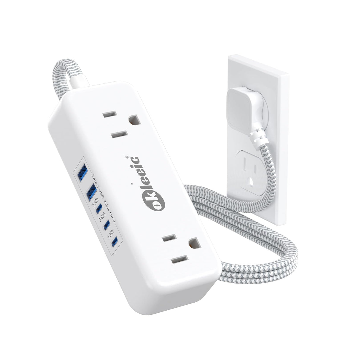 Okleeic power strip with USB-C four outlets and five ports for multi-device charging.