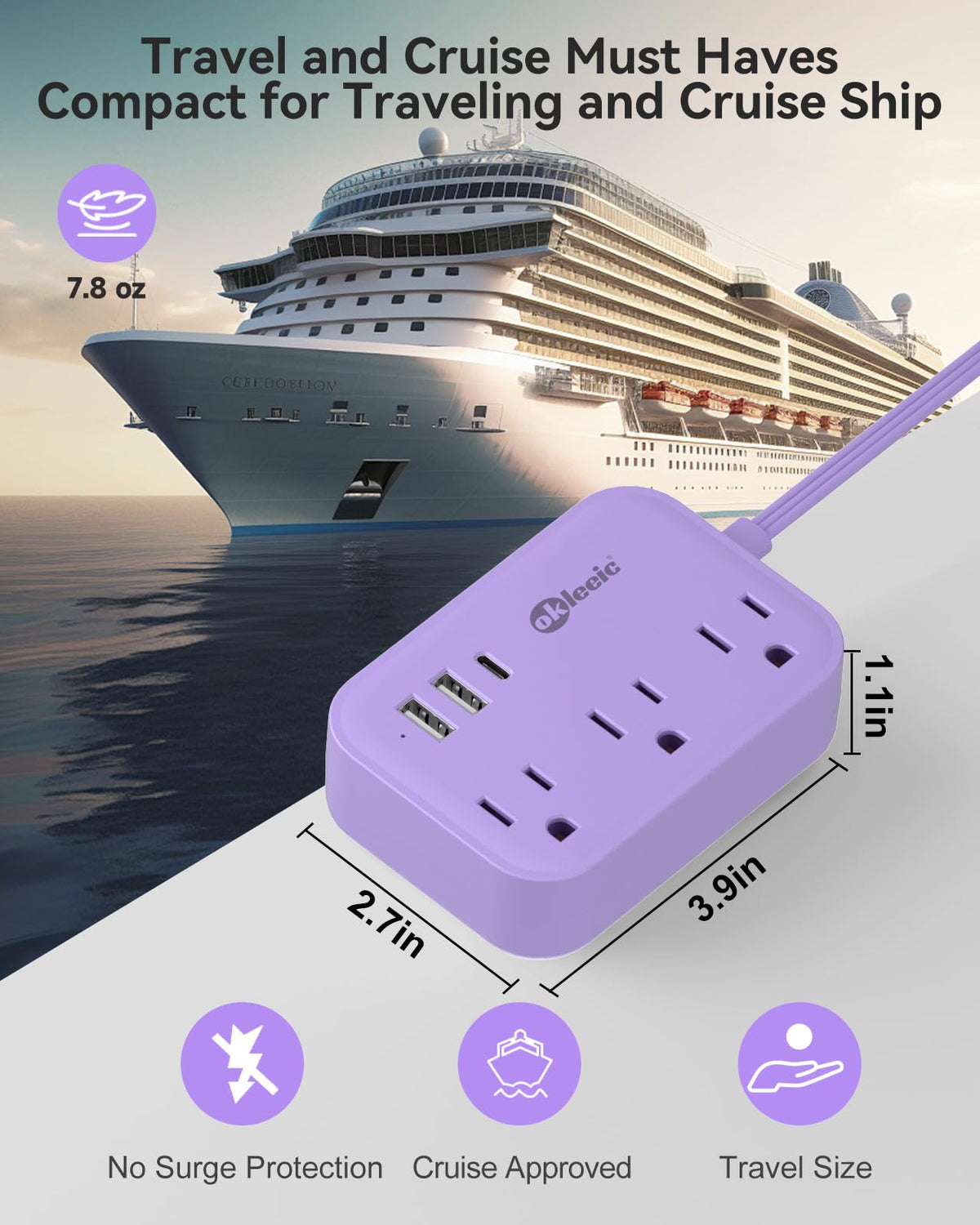 Okleeic purple slim extension cord tucked behind furniture for tidy spaces