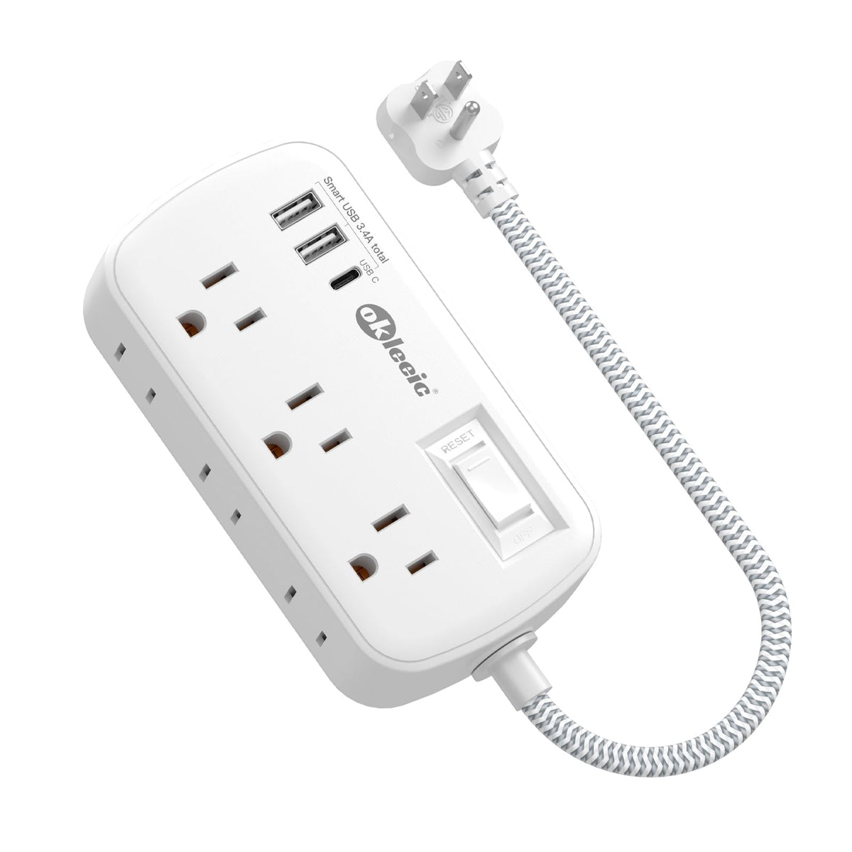 Okleeic short extension cord 1ft flat plug keeps tight desks tidy.