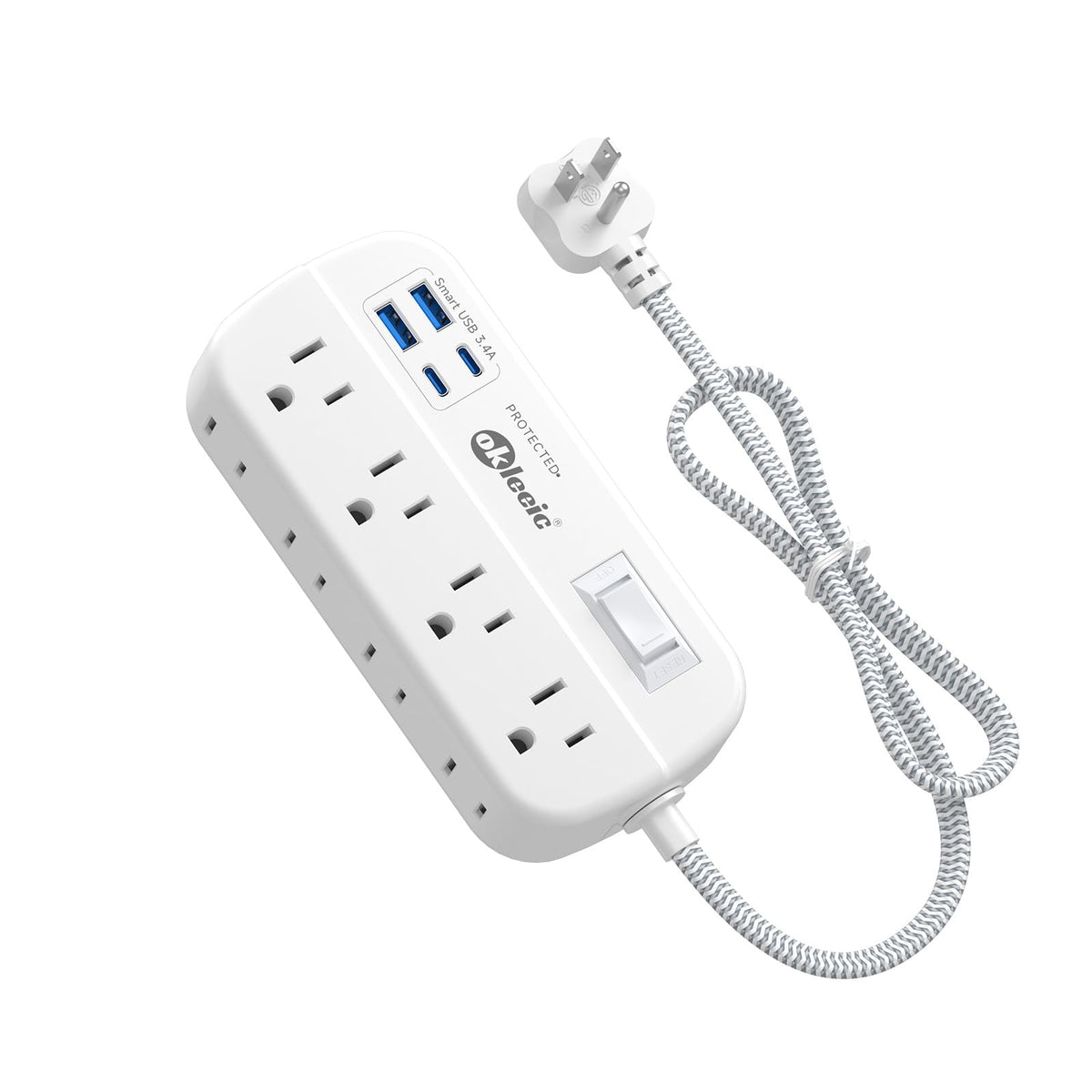 Okleeic short extension cord with 24-inch flat plug powering a tidy desk setup