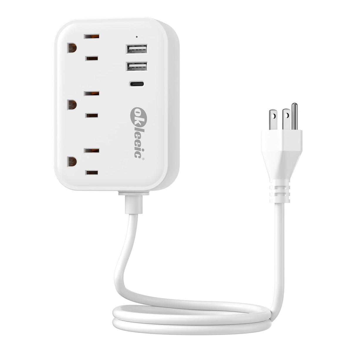 Okleeic short extension cord with three outlets and three USB ports for consolidated power