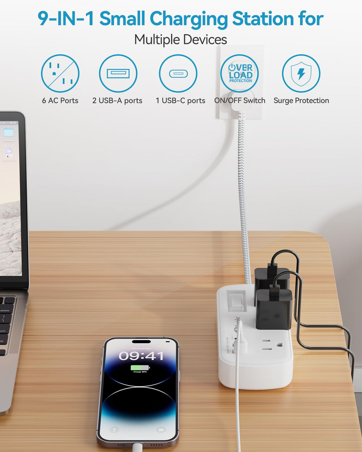 Okleeic 6-outlet power strip with 3 USB ports for charging multiple devices